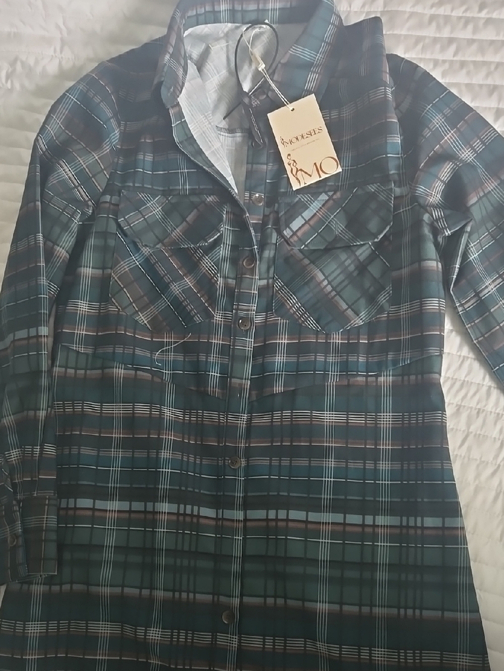 NWT MODESEES PLAID BUTTON DRESS WITH SLITS ON SIDES AND POCKETS Empire Waist